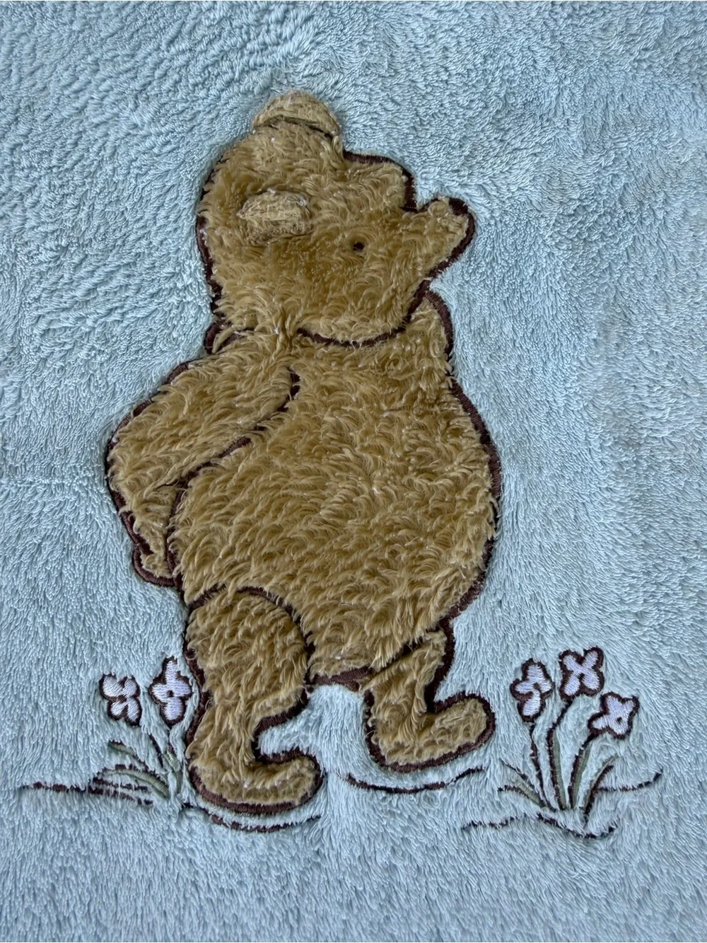 Y2K Classic Pooh Blue Plush Winnie The Pooh Flowers Baby Security Blanket 28x38